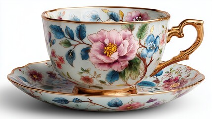 Vintage porcelain teacup with floral patterns on white, delicate and refined, classic beauty