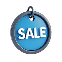 A blue sale tag with white letters isolated on transparent background