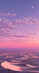 Pastel pink sunset over desert dunes.  Crescent moon visible