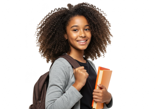 A smiling africanamerican girl with curly hair a backpack and books is on a