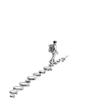 A lone traveler with a backpack walking up a path of stepping stones in a minimalist black and white sketch