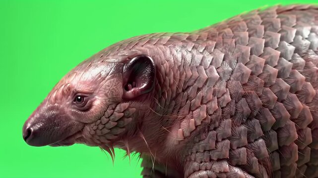 Close-up of a Pangolin Against Green Screen. Detailed side profile of the scaly mammal, highlighting its unique armored texture and distinctive fea...