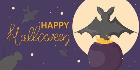 Halloween banner with bat, witch's cauldron. Seasonal sale, special offer template, vector illustration.