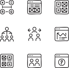 Business management vector icon set hand drawn style,outline icons process flowchart,website wireframe,grid layout,team hierarchy,negotiation,data analytics,comparison,users,support