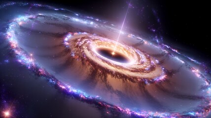 A galaxy with a black hole in its center is illuminated by the light of stars around it.