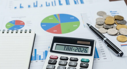 Financial analysis with calculator charts and coins