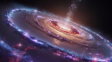 A galaxy with a black hole in its center is illuminated by the light of stars around it.