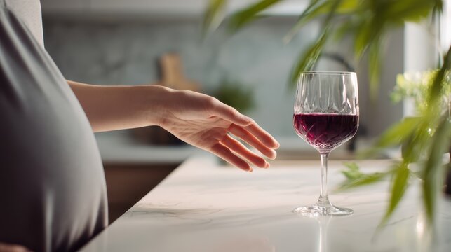The expectant mother reaching for a glass of wine in a modern kitchen.