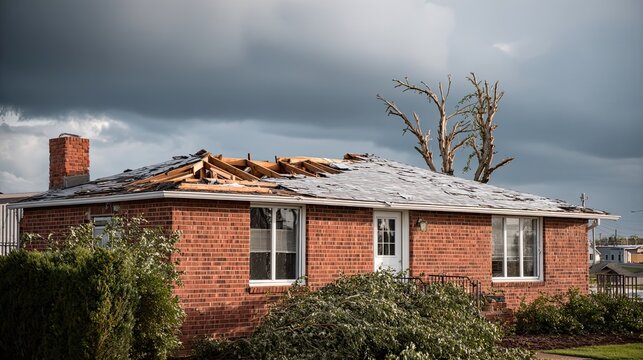 Damaged roof during thunderstorm rain, natural disaster, weather emergency, home destruction, storm damage, danger