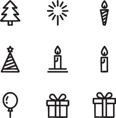Fototapeta premium Celebration and holiday vector icon set minimalist style,editable stroke christmas tree,firework,candles,party hat,balloon,gift box,present,holiday icon set