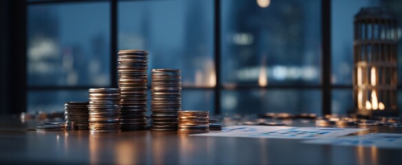 The coins stacked high representing financial growth and investment potential.