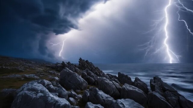 A violent storm on the rocky peaks, with strong winds, cold air, and glittering clouds. The sky is dramatic, a mix of deep blue and bright white, illuminated by flashes of lightning. 4k video