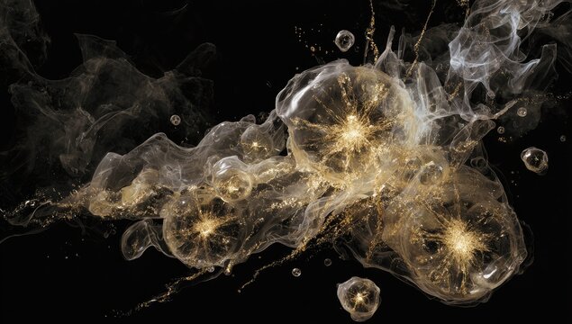 Abstract image of golden, translucent orbs and wispy smoke on black background