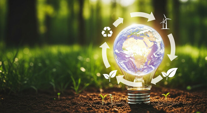 Glowing earth inside a light bulb with recycling symbols in a forest setting