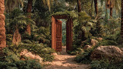Desert door to tropical garden scene, surreal landscape design, fantasy nature view, creative outdoor contrast art