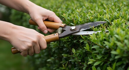 Fototapeta premium A detailed close-up of a gardener's hands using traditional wooden-handled shears to precisely trim a vibrant green hedge