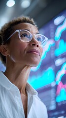 A woman wearing glasses is looking at a computer screen with graphs on it