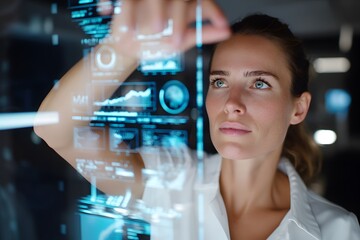 A woman is looking at a computer screen with a lot of numbers and graphs
