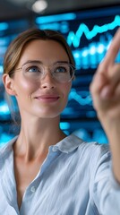 A woman wearing glasses is pointing at a screen with a smile on her face
