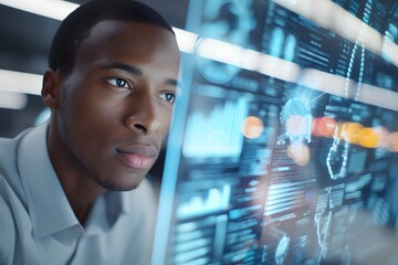 A man is looking at a computer screen with a lot of numbers and graphs