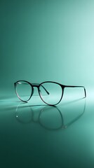 A pair of glasses is reflected in a green background