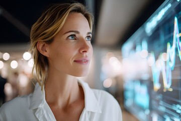 A woman is looking at a computer screen with a smile on her face