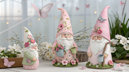 Fototapeta premium Adorable pastel-colored gnome figurines in pink and floral outfits surrounded by spring blossoms. Perfect for Mother's Day, spring decor, or nursery illustrations.