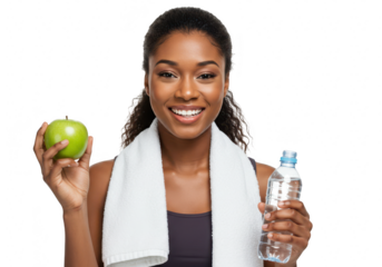 A smiling african american woman is holding an apple and water bottle promoting a