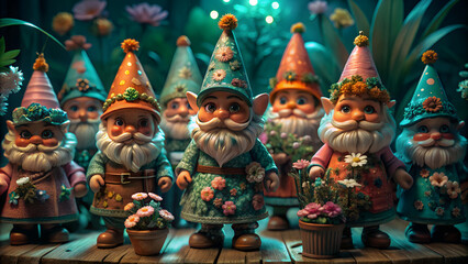 Magical forest gathering of colorful gnomes under glowing lights, captured in a whimsical night setting. Ideal for children’s stories, fantasy themes, or holiday art.

