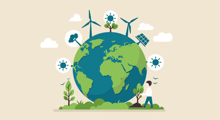 Man plants tree near planet with renewable energy symbols, symbolizing eco-friendly future.