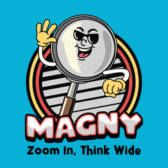 Naklejka premium Cute magnifying glass back to school in retro cartoon character illustration