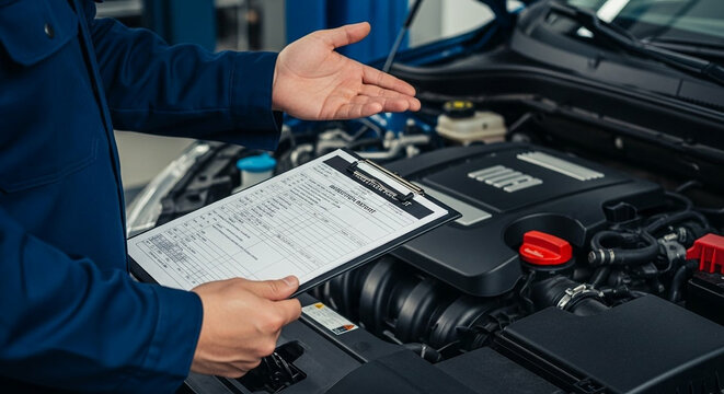 Mechanic explaining car repair details on a clipboard