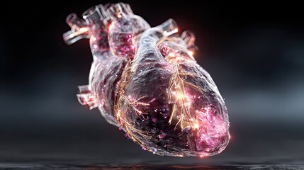 Digital glowing human heart, medical innovation, virtual anatomy, futuristic healthcare, 3D organ, science tech