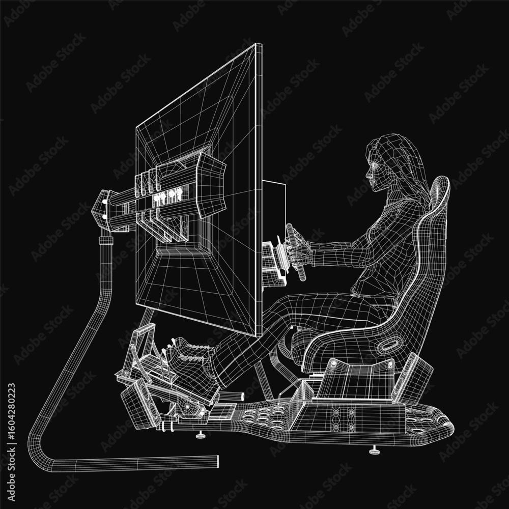 Poster a 3d wireframe model of a woman sits in a chair, gripping a joystick while facing a computer screen.