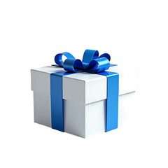 A white gift box with a blue ribbon isolated on transparent background