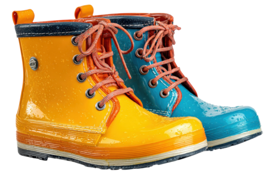 Vivid Splash Yellow and Blue Rain Boots Orange Laces Wet Season Fashion Colorful Footwear Fun Kids