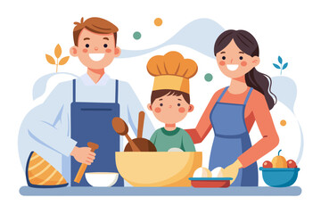 Mother Teaching Kids to Bake Bread – Family Cooking Illustration
