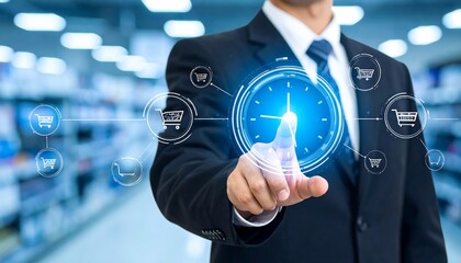 Businessman using touchscreen interface for online shopping with clock element