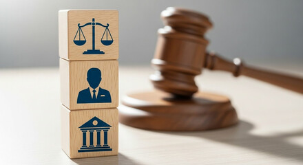 Justice symbol blocks stacked next to gavel