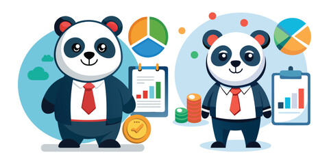 Corporate panda mascot standing next to a happy employee growth chart, symbolizing business success, teamwork, motivation, and positive workplace performance vector illustration.