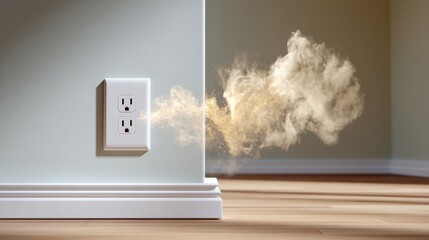 White outlet is emitting smoke. The outlet is plugged into a wall