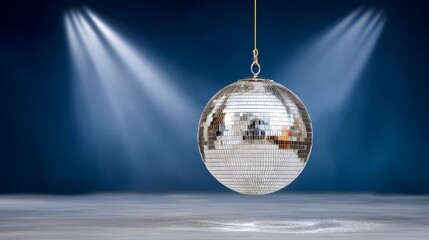 Silver disco ball is suspended from the ceiling in front of a blue background. The scene is set in a dimly lit room with a spotlight on the ball. Scene is festive and celebratory