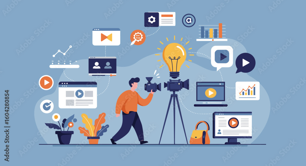 Poster Creative video production workflow with lightbulb idea and digital assets