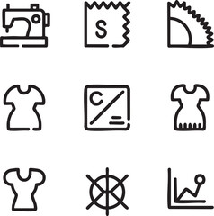 Fototapeta premium Fashion and industry vector icon set hand drawn style sewing machine,clothing design,fabric sample,color percentage,graph,wheel,sun,dress icon set