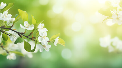 Ambiance printanière, fleurs blanches, sur les branches d'un arbre, cerisier. Arrière-plan de flou et lumière claire, ensoleillé. Printemps, été. Pour conception et création graphique