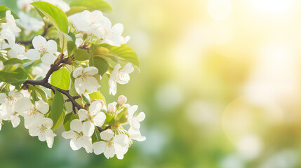 Ambiance printanière, fleurs blanches, sur les branches d'un arbre, cerisier. Arrière-plan de flou et lumière claire, ensoleillé. Printemps, été. Pour conception et création graphique