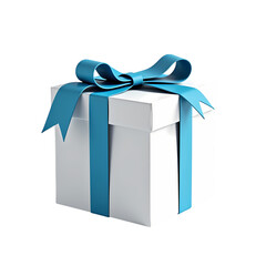 A white gift box with a blue ribbon isolated on transparent background