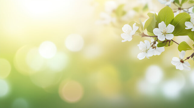 Ambiance printani&egrave;re, fleurs blanches, sur les branches d'un arbre, cerisier. Arri&egrave;re-plan de flou et lumi&egrave;re claire, ensoleill&eacute;. Printemps, &eacute;t&eacute;. Pour conception et cr&eacute;ation graphique