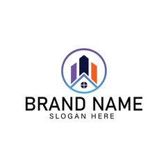 Modern logo design combining city and home for real estate or urban development.
