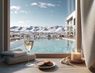 Obraz premium Winter resort view with champagne and snacks